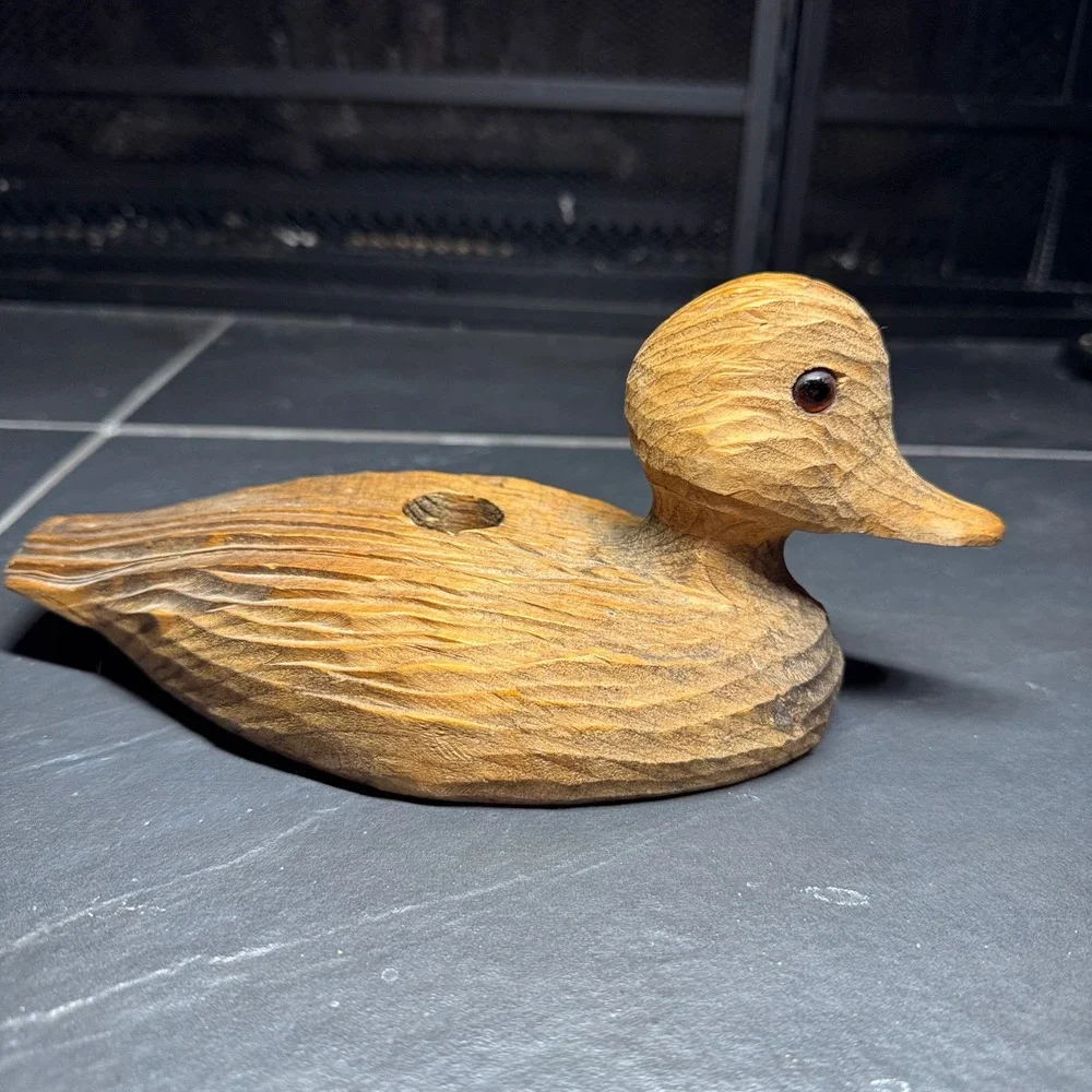 Vintage Hand Carved Wooden Duck Decoy Candle Holder Rustic Waterfowl Figurine 9